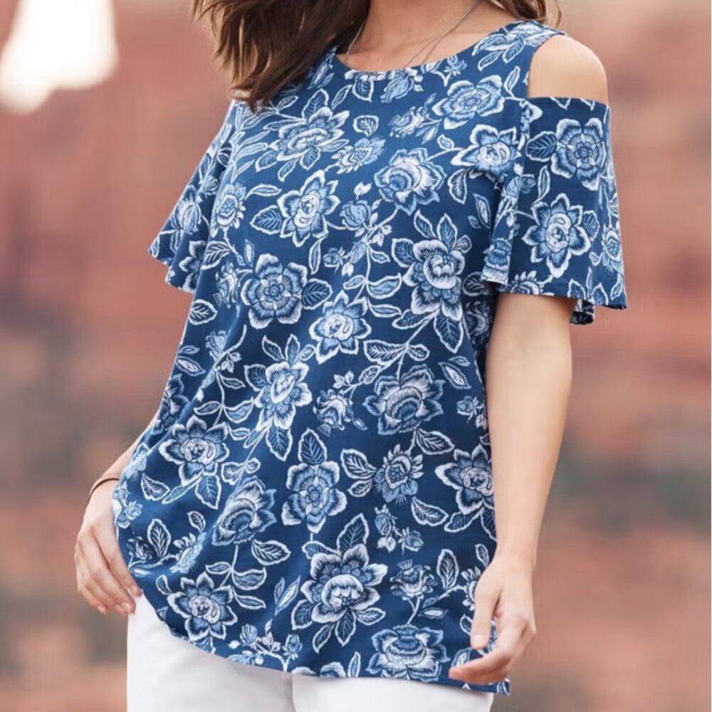 Blue & White Short-Sleeve Cold Shoulder Plus Size 6x Tee Shirt Top # 43
